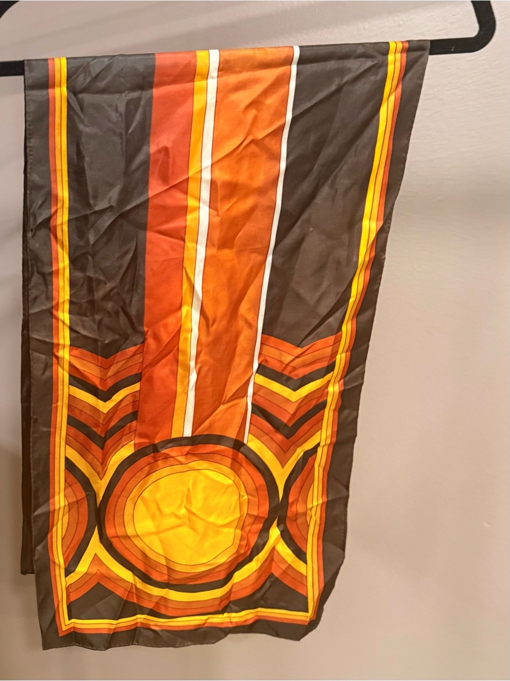 Silk-Look Vibrant Geometric Stripe Vintage 70’s Scarf in Brown, Orange & Yellow